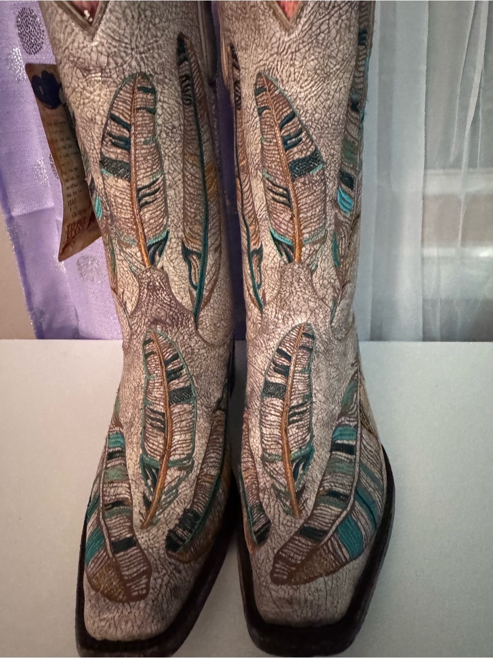 Old Gringo Cream and Teal Feather Embroidered Heeled Cowboy Boots - Picture 2 of 4